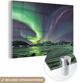 MuchoWow® Glasschilderij 60x40 cm - Schilderij acrylglas - Noorderlicht - IJs - Paars - Groen - Foto op glas - Schilderijen