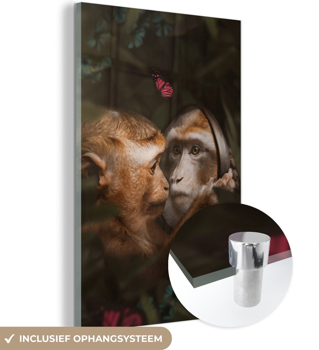 ® Glasschilderij 40x60 cm - Schilderij acrylglas - Aap - Jungle - Spiegel - Vlinder - Foto