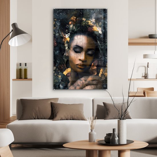 Peintures sur verre - Fleurs - Femme - Or - 80x120 cm - Peintures Plexiglas