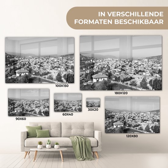 MuchoWow® Peinture sur verre 150x100 cm - Peinture sur verre acrylique - Toits traditionnels de Sarajevo en Bosnie-Herzégovine - noir et blanc - Photo sur verre - Peintures
