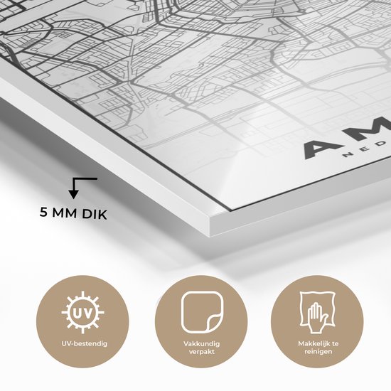 MuchoWow® Peinture sur Verre - Carte - Amsterdam - Zwart - Wit - 80x120 cm - Peintures sur Verre Peintures - Photo sur Glas