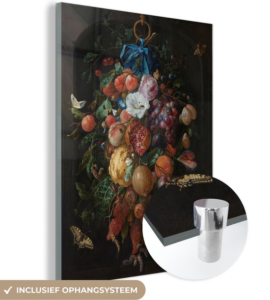MuchoWow® Glasschilderij 60x80 cm - Schilderij acrylglas - Slinger van fruit en bloemen - schilderij van Jan Davidsz de Heem - Foto op glas - Schilderijen