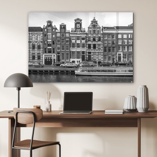 Peinture sur verre - Maisons de canal à Amsterdam - noir et blanc - 120x80 cm - Peintures sur Verre Peintures - Photo sur Glas