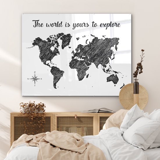 Peinture sur Verre - Carte du Wereldkaart - Voyages - Croquis - 120x90 cm - Peintures sur Verre Peintures - Photo sur Glas