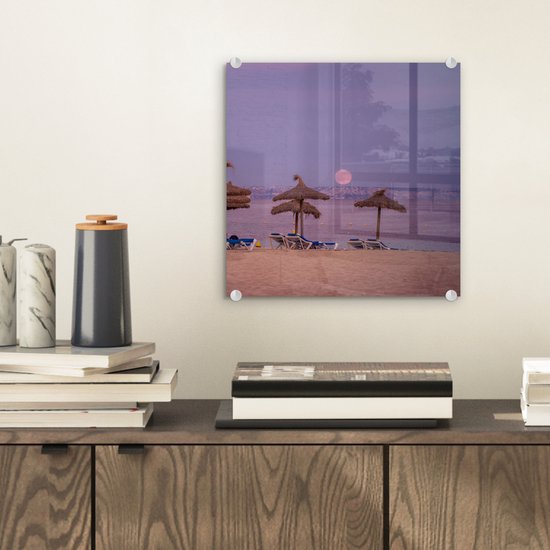 MuchoWow® Peinture sur verre 20x20 cm - Peinture sur verre acrylique - Majorque - Plage - Chaises longues - Photo sur verre - Peintures