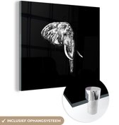 MuchoWow® Glasschilderij 50x50 cm - Schilderij acrylglas - Olifant - Tanden - Zwart - Wit - Foto op glas - Schilderijen