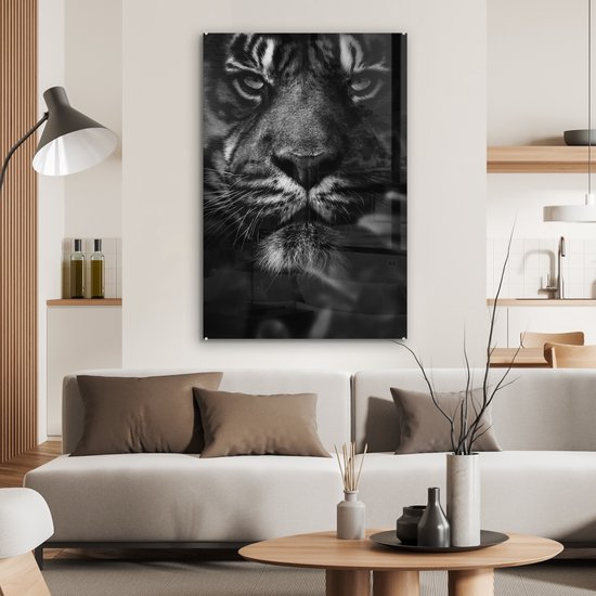 Peinture sur verre - Gros plan d'un tigre dans la jungle - noir et blanc - 80x120 cm - Peintures sur Verre Peintures - Photo sur Glas