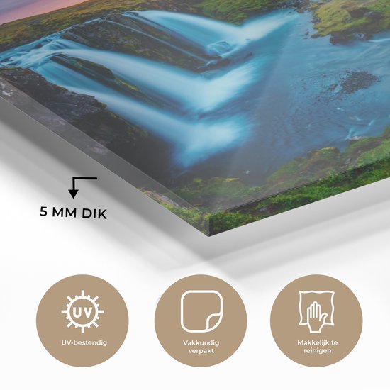 Peinture sur verre - Photo sur verre - Cascade - Islande - Coucher de soleil - Berg - Verre acrylique - Peinture sur verre nature - Peinture sur verre - 120x80 cm - Décoration murale - Décoration Décoration murale