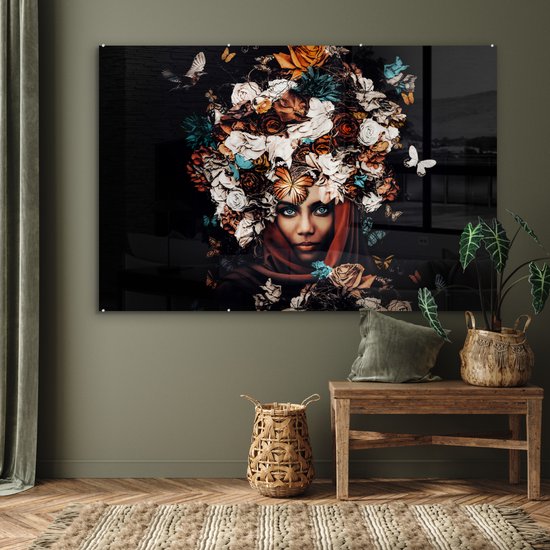 MuchoWow® Peinture sur Verre - Fleurs - Papillon - Femmes - Foulard - 180x120 cm - Peintures sur Verre Acrylique - Photo sur Glas