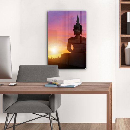 Peinture sur verre - Statue de Bouddha - Silhouette - Coucher de soleil - Spirituel - Peintures de salon - Photo sur verre - Verre acrylique - 40x60 cm - Décoration murale - Peinture sur verre