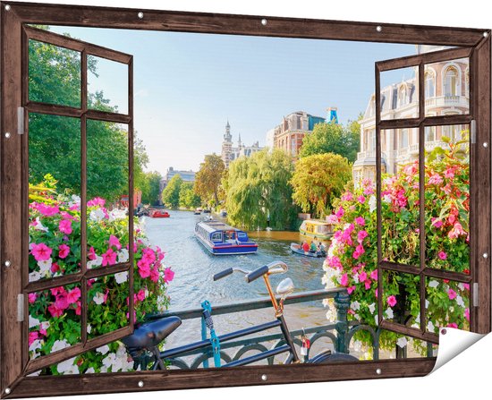 Gards Tuinposter Doorkijk Amsterdamse Kanaal met Bloemen - 180x120 cm - Tuindoek - Tuindecoratie - Wanddecoratie buiten - Tuinschilderij