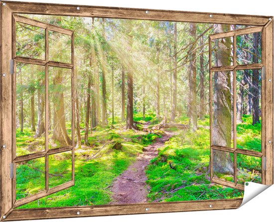 Gards Tuinposter Doorkijk Pad in Bos met Zon tussen de Bomen - 180x120 cm - Tuindoek - Tuindecoratie - Wanddecoratie buiten - Tuinschilderij