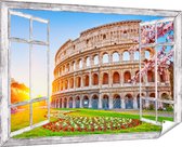 Gards Tuinposter Doorkijk Colosseum bij Zonsopgang in Rome, Italië - 180x120 cm - Tuindoek - Tuindecoratie - Wanddecoratie buiten - Tuinschilderij