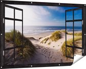 Gards Tuinposter Doorkijk Strand en Duinen - 150x100 cm - Tuindoek - Tuindecoratie - Wanddecoratie buiten - Tuinschilderij