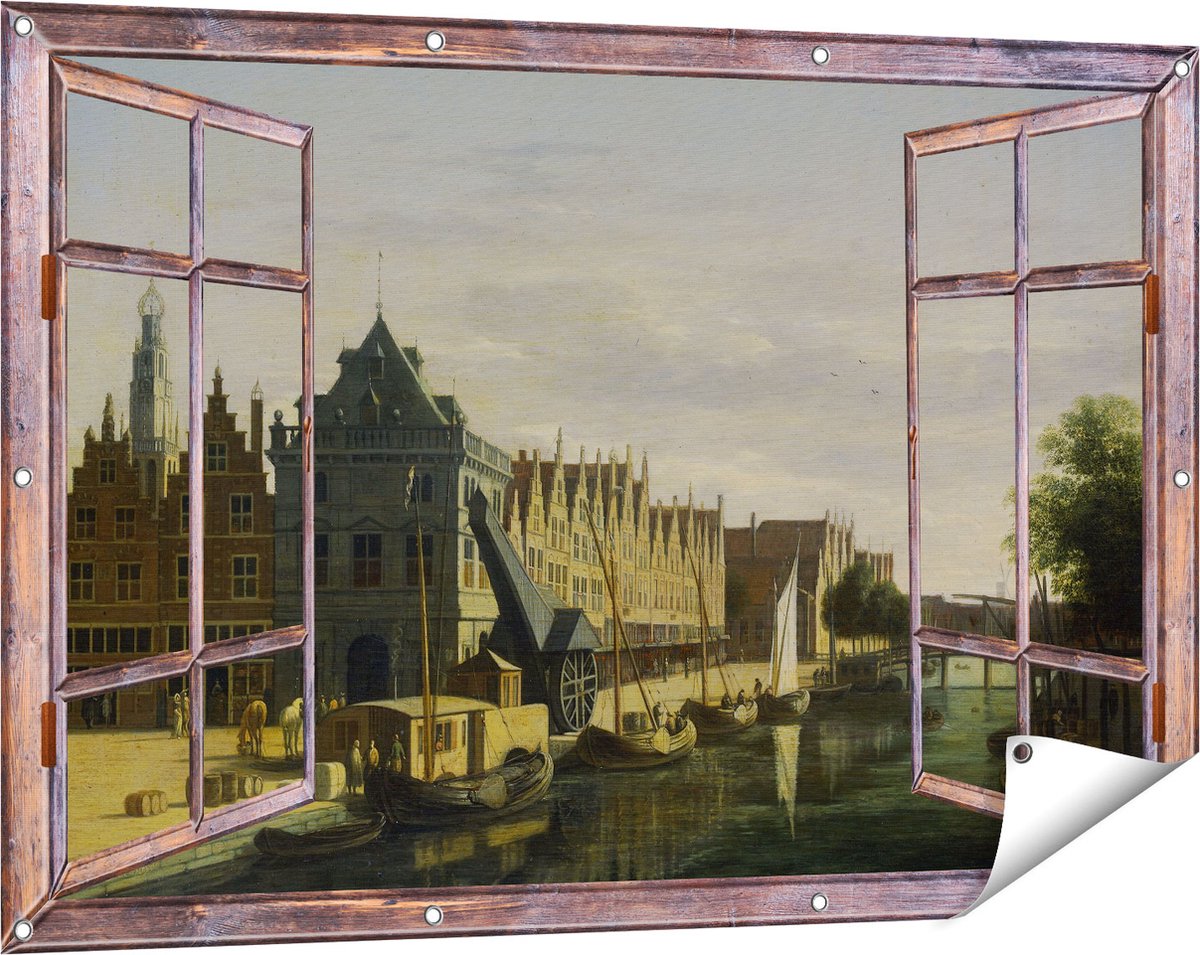 Gards Tuinposter Doorkijk De Waag en de Kraan aan het Spaarne te Haarlem - Gerrit Adriaensz Berckheyde - 120x80 cm - Tuindoek - Tuindecoratie - Wanddecoratie buiten - Tuinschilderij Bruin