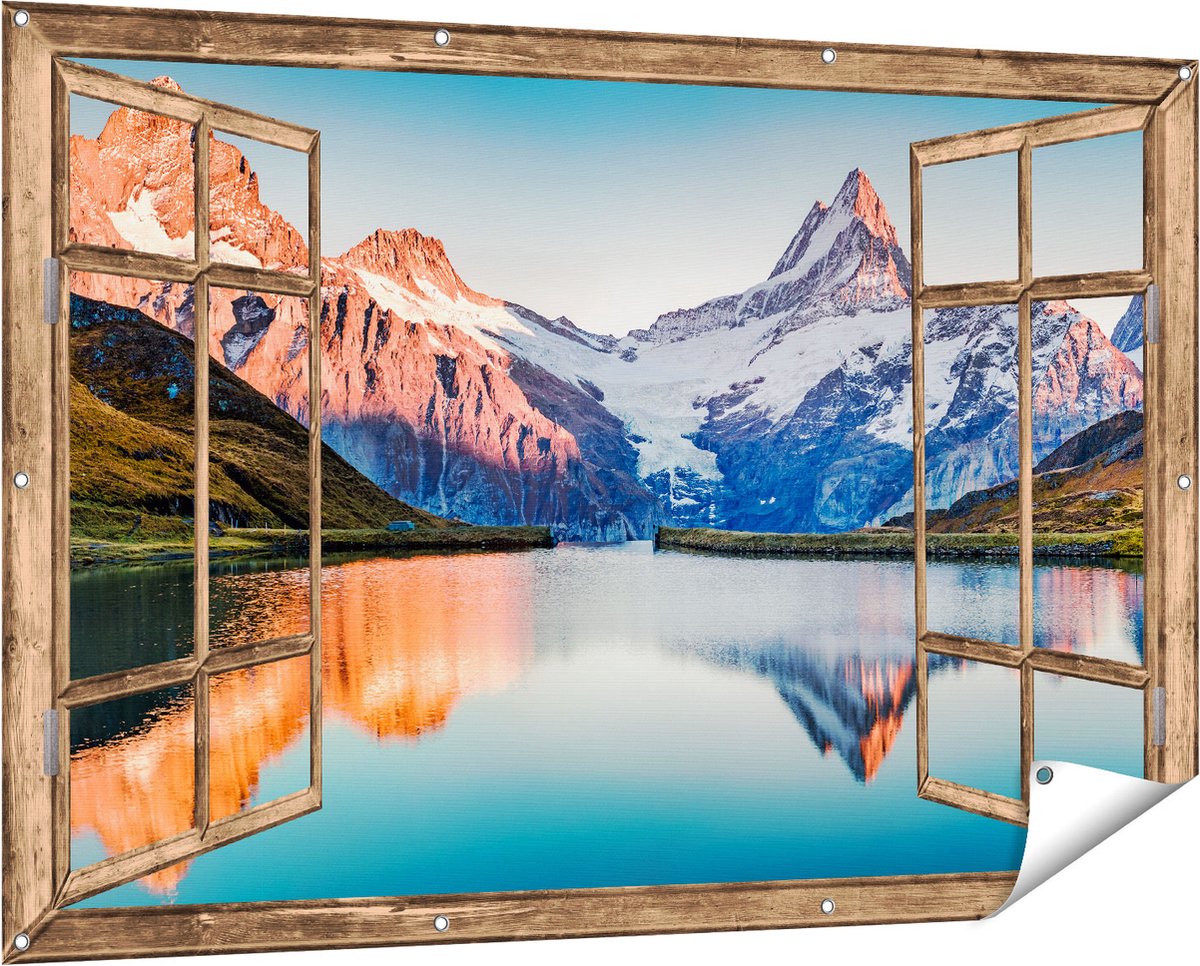 Gards Tuinposter Doorkijk Bergen Landschap bij het Meer - 150x100 cm - Tuindoek - Tuindecoratie - Wanddecoratie buiten - Tuinschilderij Licht bruin