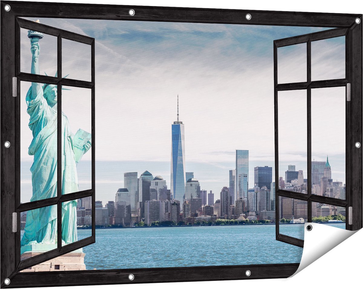 Gards Tuinposter Doorkijk Vrijheidsbeeld in New York - 120x80 cm - Tuindoek - Tuindecoratie - Wanddecoratie buiten - Tuinschilderij zwart