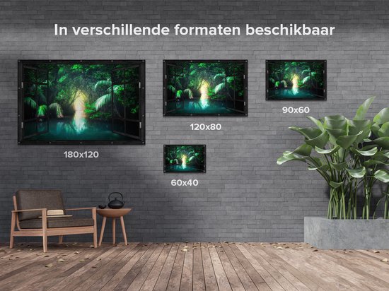 Gards Tuinposter Doorkijk Tropische Jungle met een Turquoise Meer - 120x80 cm - Tuindoek - Tuindecoratie - Wanddecoratie buiten - Tuinschilderij