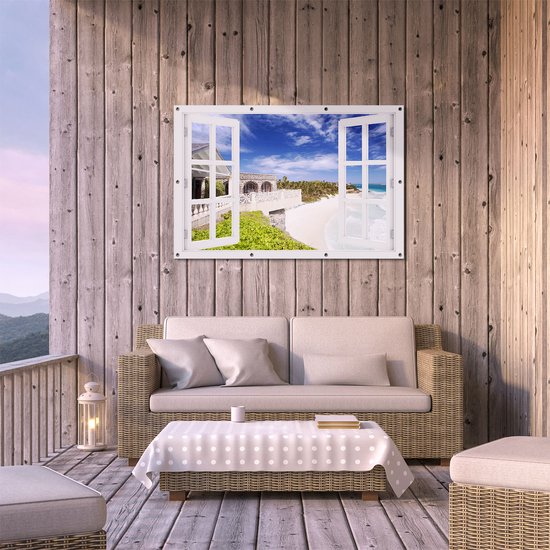 Gards Tuinposter Doorkijk Het Strandhuis - 120x80 cm - Tuindoek - Tuindecoratie - Wanddecoratie buiten - Tuinschilderij