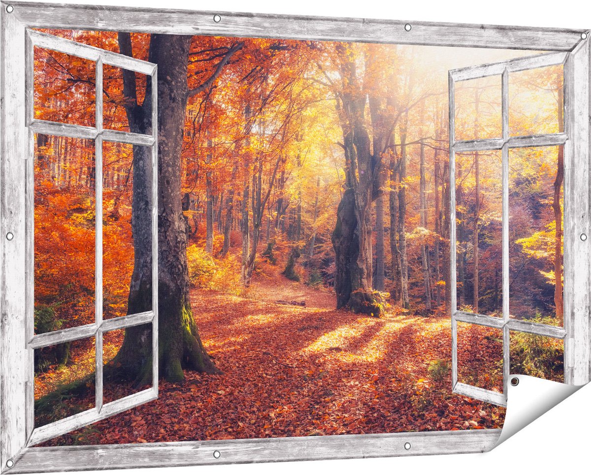 Gards Tuinposter Doorkijk Oranje Herfstbos met Zonneschijn - 150x100 cm - Tuindoek - Tuindecoratie - Wanddecoratie buiten - Tuinschilderij Grijs