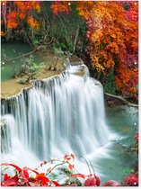 Tuinposter - Waterval - Natuur - Water - Oranje - Rood - Bladeren - 120x160 cm - Tuin - Tuindoek - Tuindecoratie - Tuinposter waterval