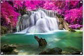 Tuinposter waterval - Roze - Bomen - Natuur - Tuindoek - Tuinschilderij voor buiten - Tuin - Schutting decoratie - 90x60 cm - Schuttingdoek - Tuindecoratie - Tuinposters buiten