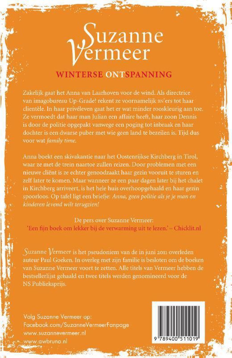 Boekomslag Suzanne Vermeer, Winterse Ontspanning. Oranje achtergrond met tekst.