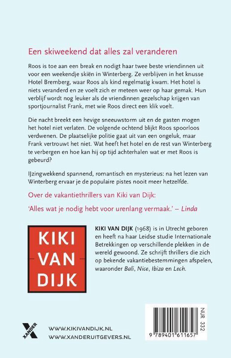 Boekomslag met rode tekst 'KIKI VAN DIJK' op een witte achtergrond. Daaronder de titel 'WINTERBERG' en de ondertitel 'Een skiweekend dat alles zal veranderen'.