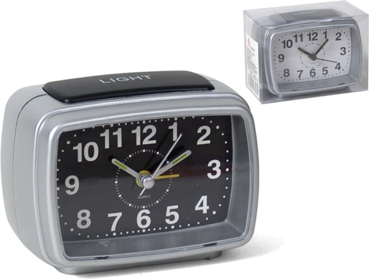 Gerim Wekker/alarmklok zwart/zilver - 11 cm - met verlichting en alarm