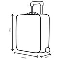 Dessin schématique d'une valise trolley noire avec dimensions : hauteur, largeur et profondeur.