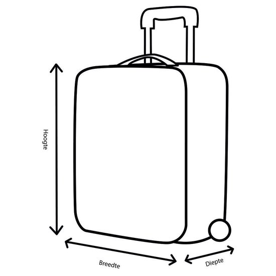 Dessin schématique d'une valise trolley noire avec dimensions : hauteur, largeur et profondeur.