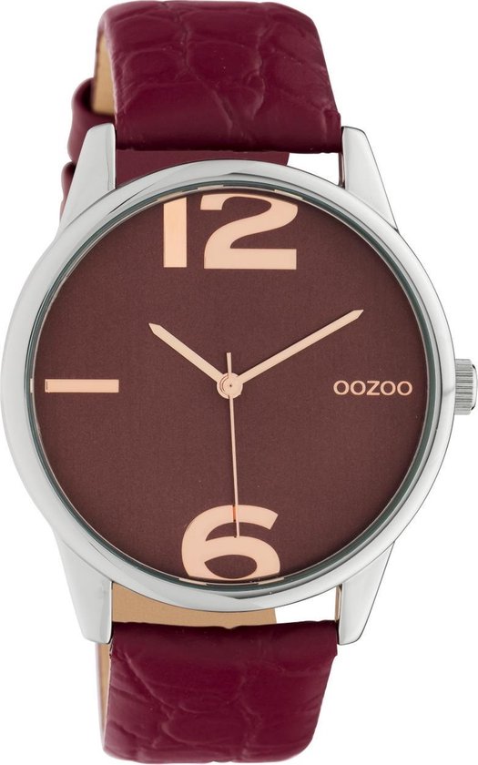 OOZOO Timepieces - zilverkleurige horloge met bordeaux rode leren band - C10378 - Ø40
