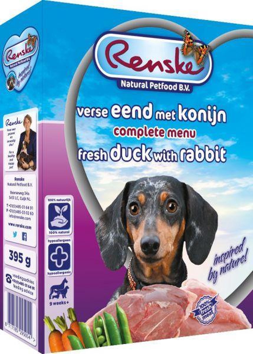 Renske Vers Vlees - Eend/Konijn - Hondenvoer - 10 Kuipjes x 395 g