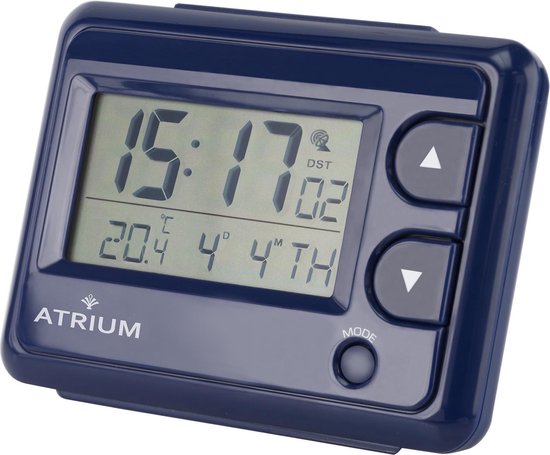 ATRIUM Wekker - Digitaal - Digitale Klok - Radiogestuurd - Alarm - Blauw - Licht - Opbouwend Alarmsignaal - Snooze - Duidelijk - Reiswekker - Wektijd - Datum - Weekdag - Wereldtijd - Binnentemperatuur - Wekkers Slaapkamers - A720-5