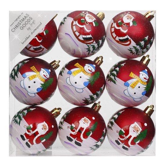 18x Rode kerstballen 6 cm kunststof met print Onbreekbare plastic