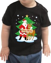 Kerst shirt / t-shirt zwart Merry Christmas - Santa/kerstman en Rudolf het rendier voor baby / kinderen - jongen / meisje 68 (3-6 maanden)