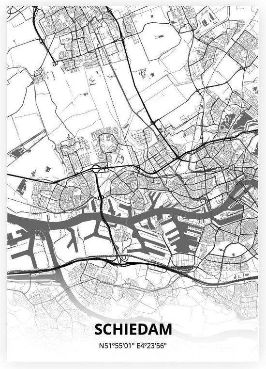 Schiedam plattegrond - A2 poster - Zwart witte stijl
