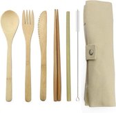 Let op type!! 2 PC'S reizen creatieve bamboe stro dinnerware messen vork lepel eetstokjes set met doek zak (beige)