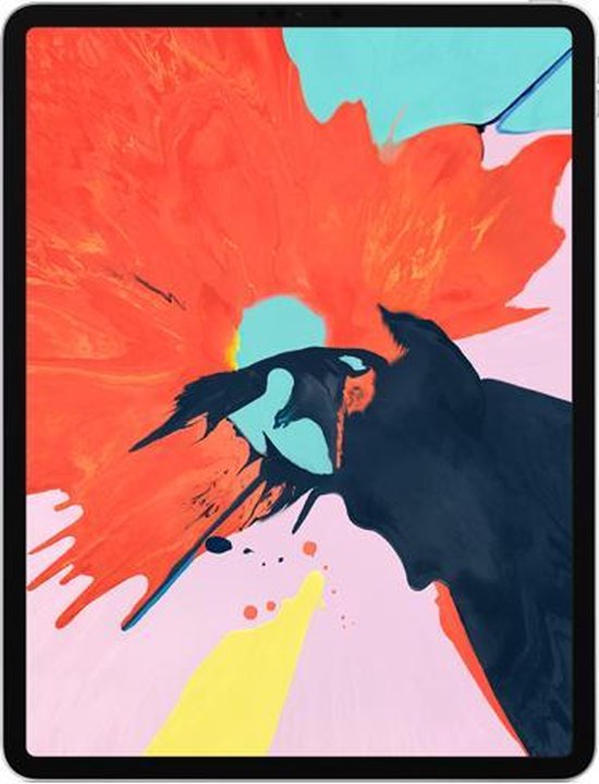 Apple iPad Pro met een scherm dat een explosie van rode, zwarte en blauwe verf toont.