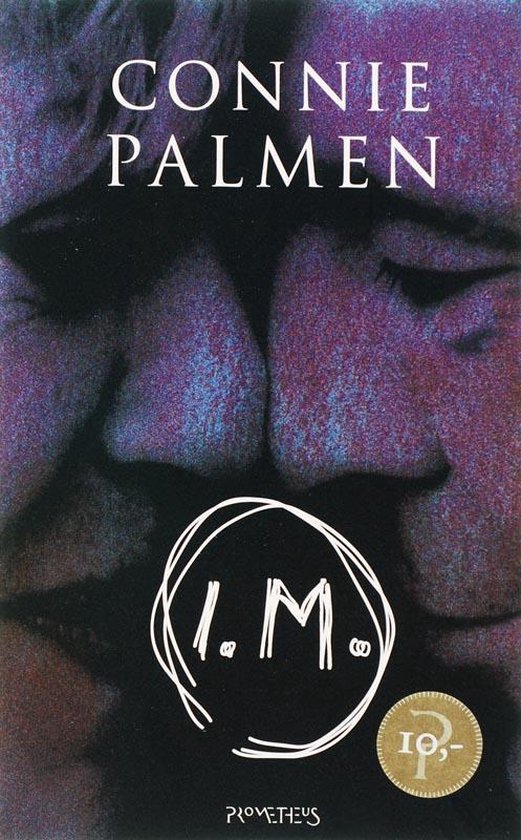 Boek I.M. van Connie Palmen met een close-up van twee gezichten, paars-blauw getint, met de tekst I.M. in een cirkel.