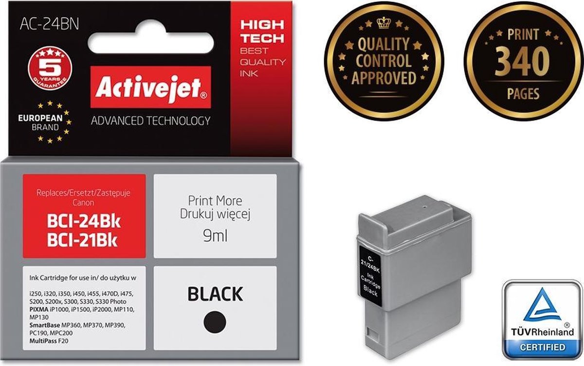 ActiveJet AC-24BN-inkt voor Canon-printer; Canon BCI-24BK vervanging; Opperste; 9 ml; zwart.