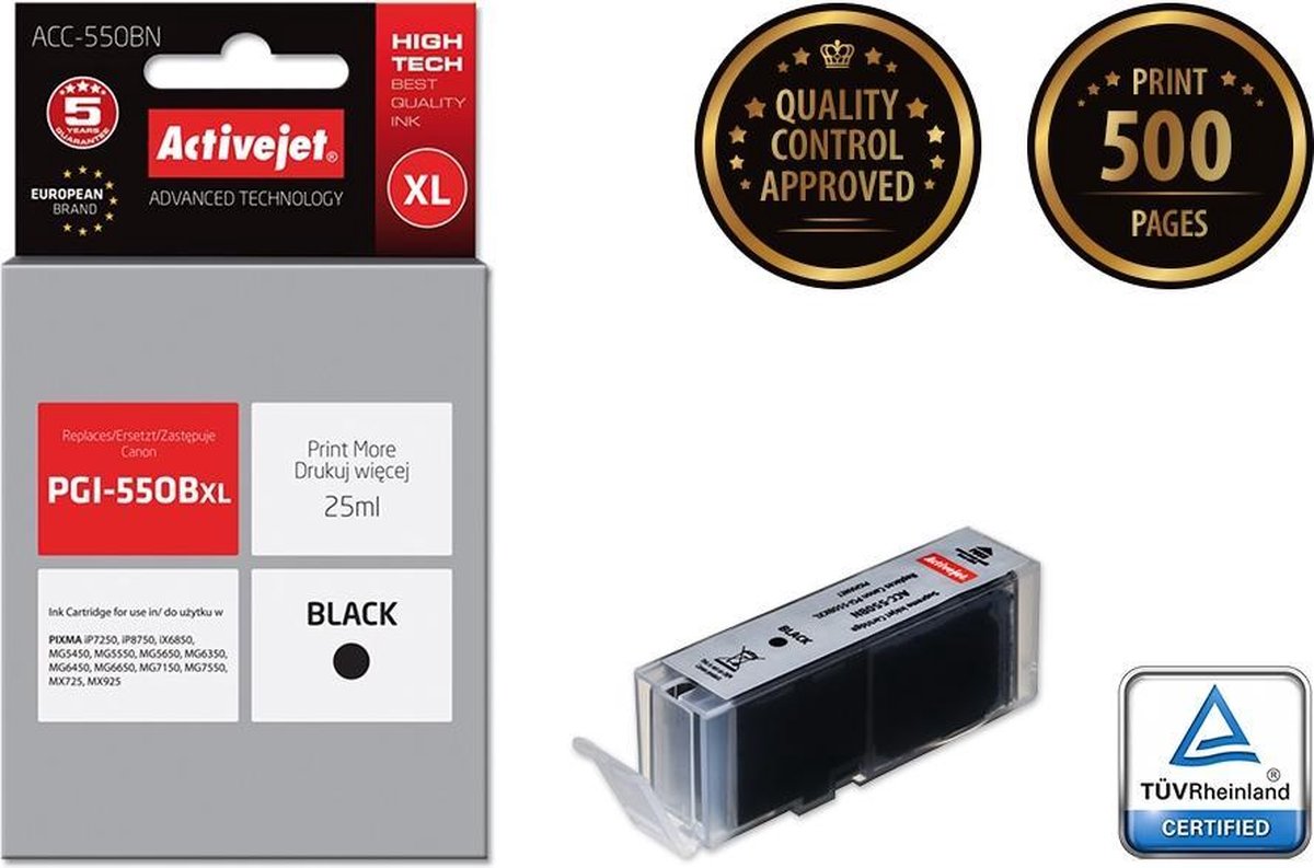 ActiveJet ACC-550BN-inkt voor Canon-printer; Canon PGI-550BK vervanging; Opperste; 25 ml; zwart.