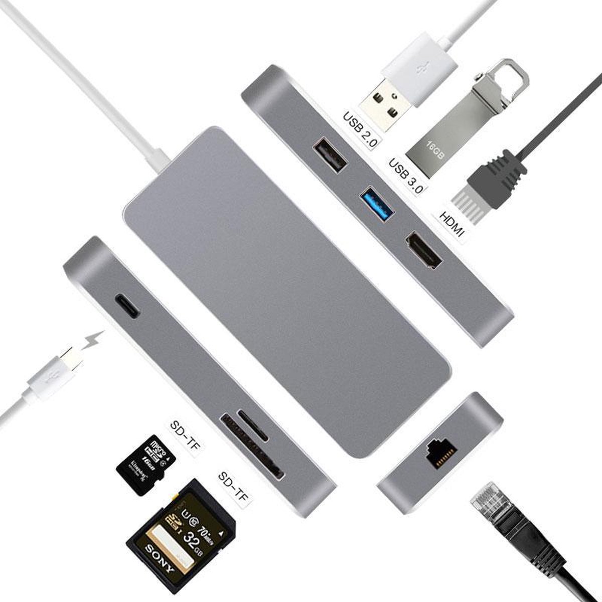 BrightNerd luxe 7-in-1 USB C adapter naar HDMI + Rj45 Gigabit Ethernet + SD + 2x USB Space Grey - BrightNerd