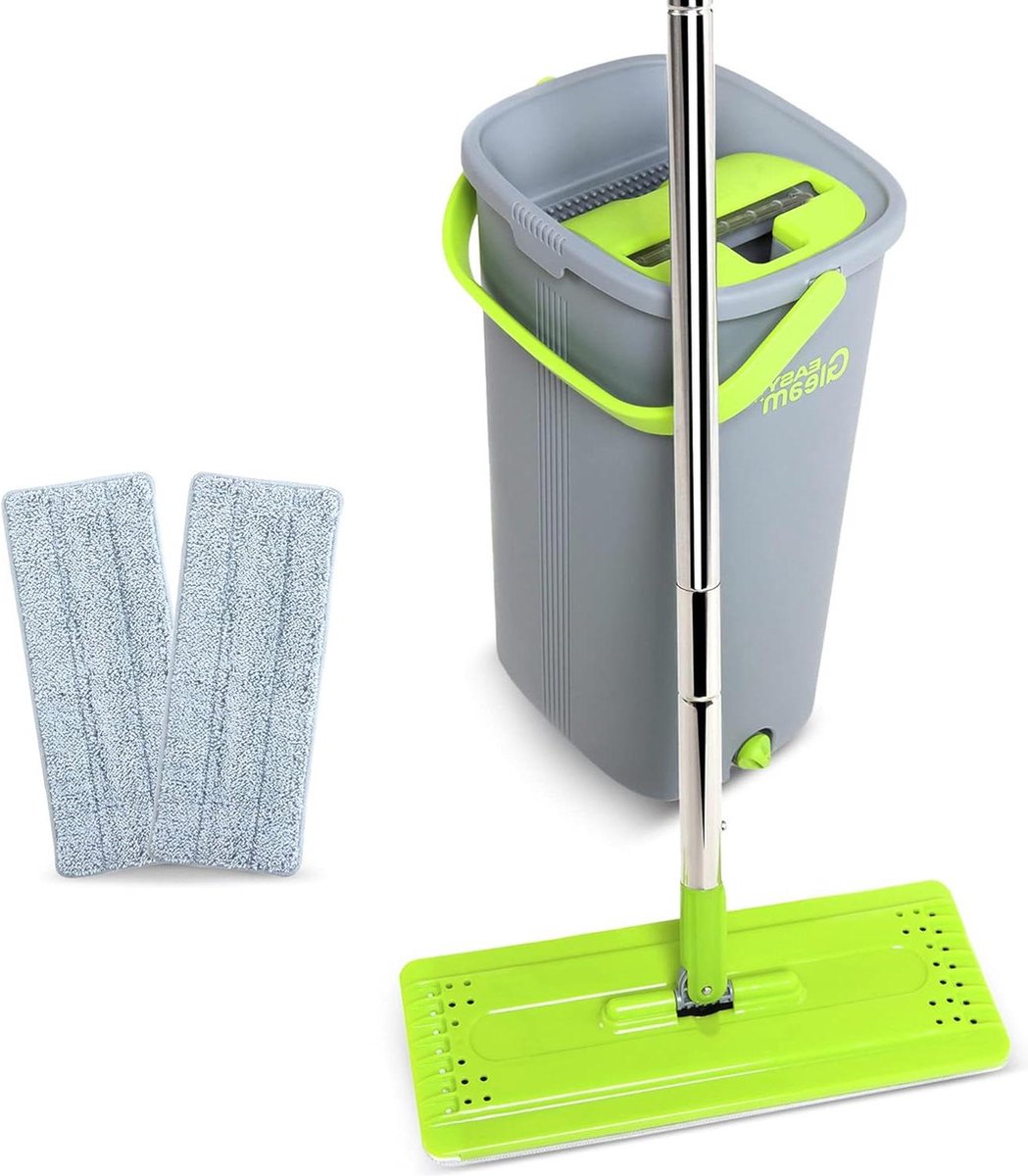 Goedkoopste Dweil en Emmer Set - Microvezel Platte Dweil - Roestvrijstalen Stok - Dubbel Compartiment Emmer - Nat & Droog - Herbruikbare Dweildoeken - Vloerreiniging