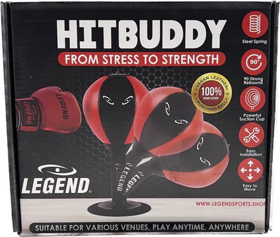 Verpakking van de HITBUDDY boksbal met rode en zwarte bokshandschoenen en tekst.