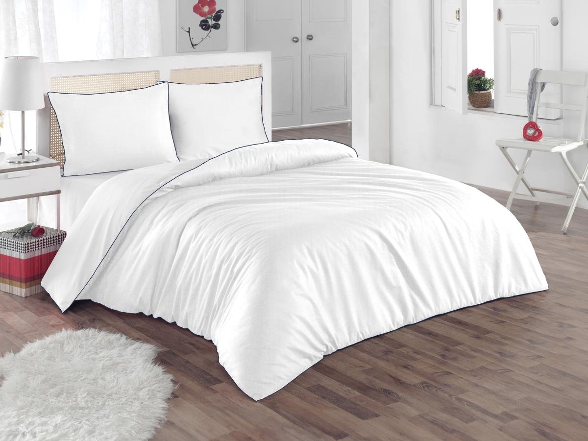 Vente-unique Bedlinnenset in katoenperkal 80 draden/cm² - Dekbedovertrek 220 x 240 cm + 2 kussenslopen 63 x 63 cm - Wit met blauwe paspel - AGAMI van PALACIO