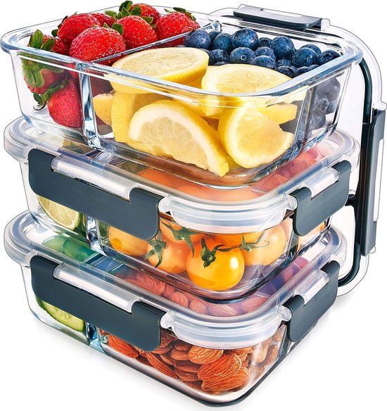 Foto: Glazen meal prep containers 3 compartimenten luchtdichte kliksluiting deksels bpa vrij magnetron vriezer vaatwasserbestendig portie controle vershoudbak set van 3 meal prep bakjes