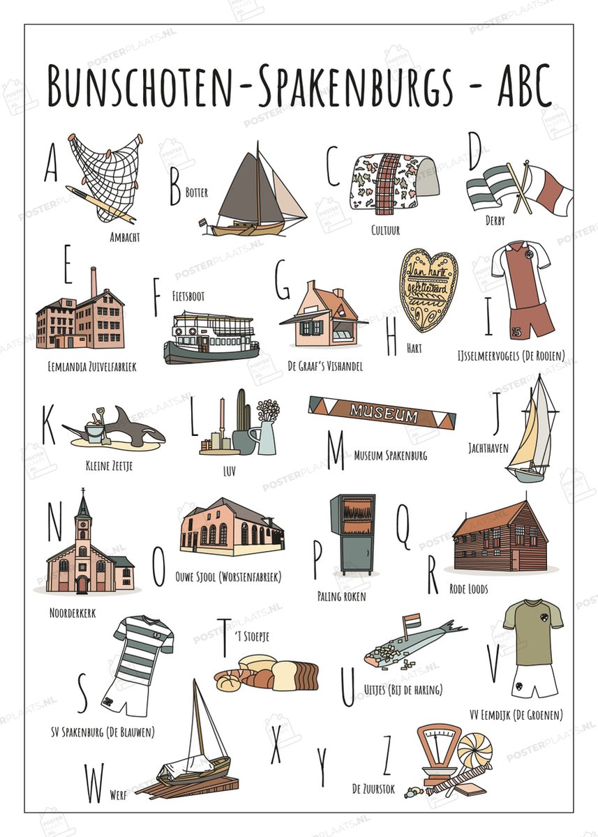ABC Ansichtkaart Bunschoten-Spakenburg - Set van 4 Stuks - A6 Kaarten (10,5 x 14,8 cm) - Souvenir & Cadeau - Handgetekende Illustraties