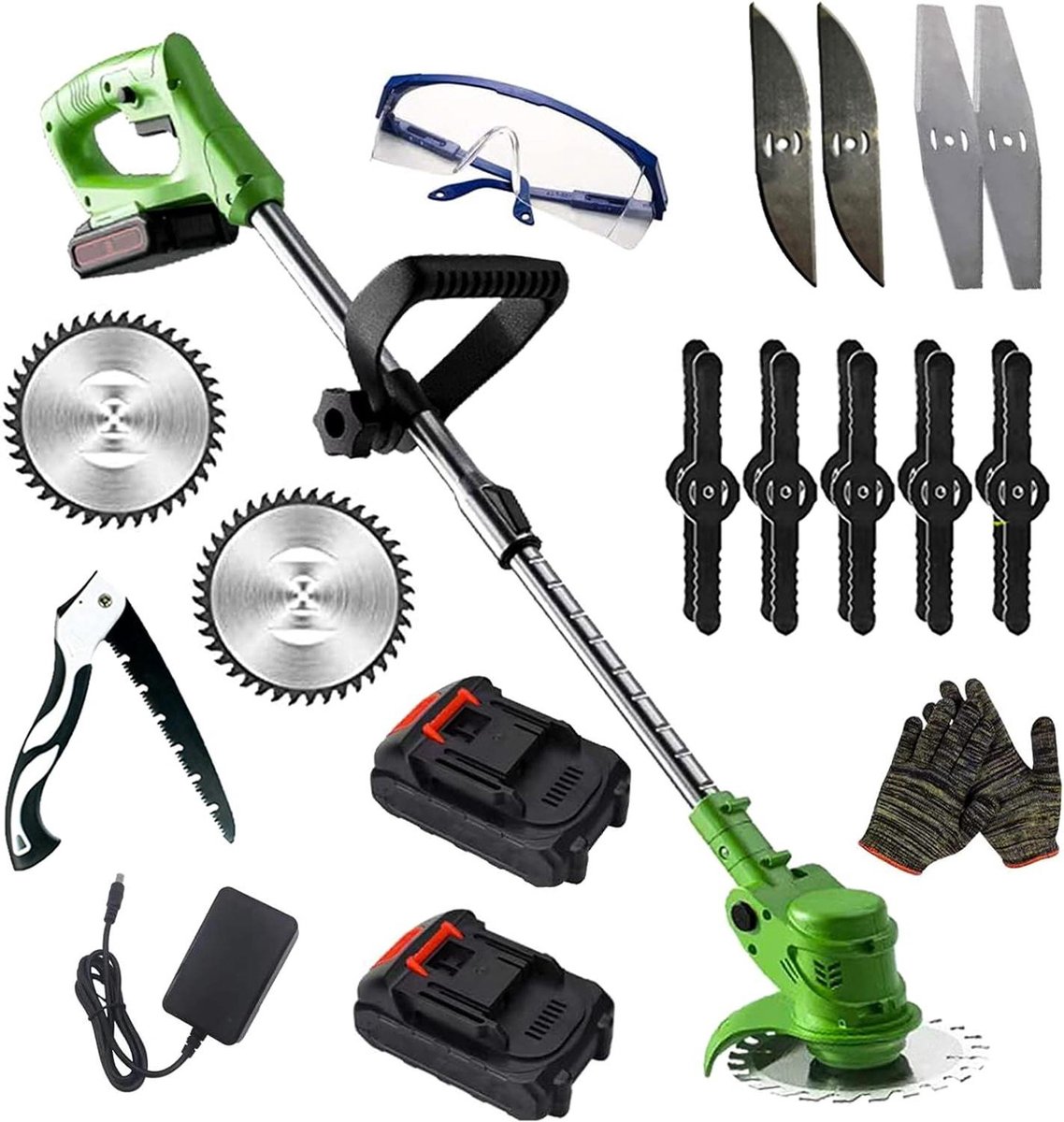 Bol.com 24 V draadloze grastrimmer met metalen messen, 2 accu's, verstelbare kop en telescoopgreep - groen Grastrimmer met accu aanbieding