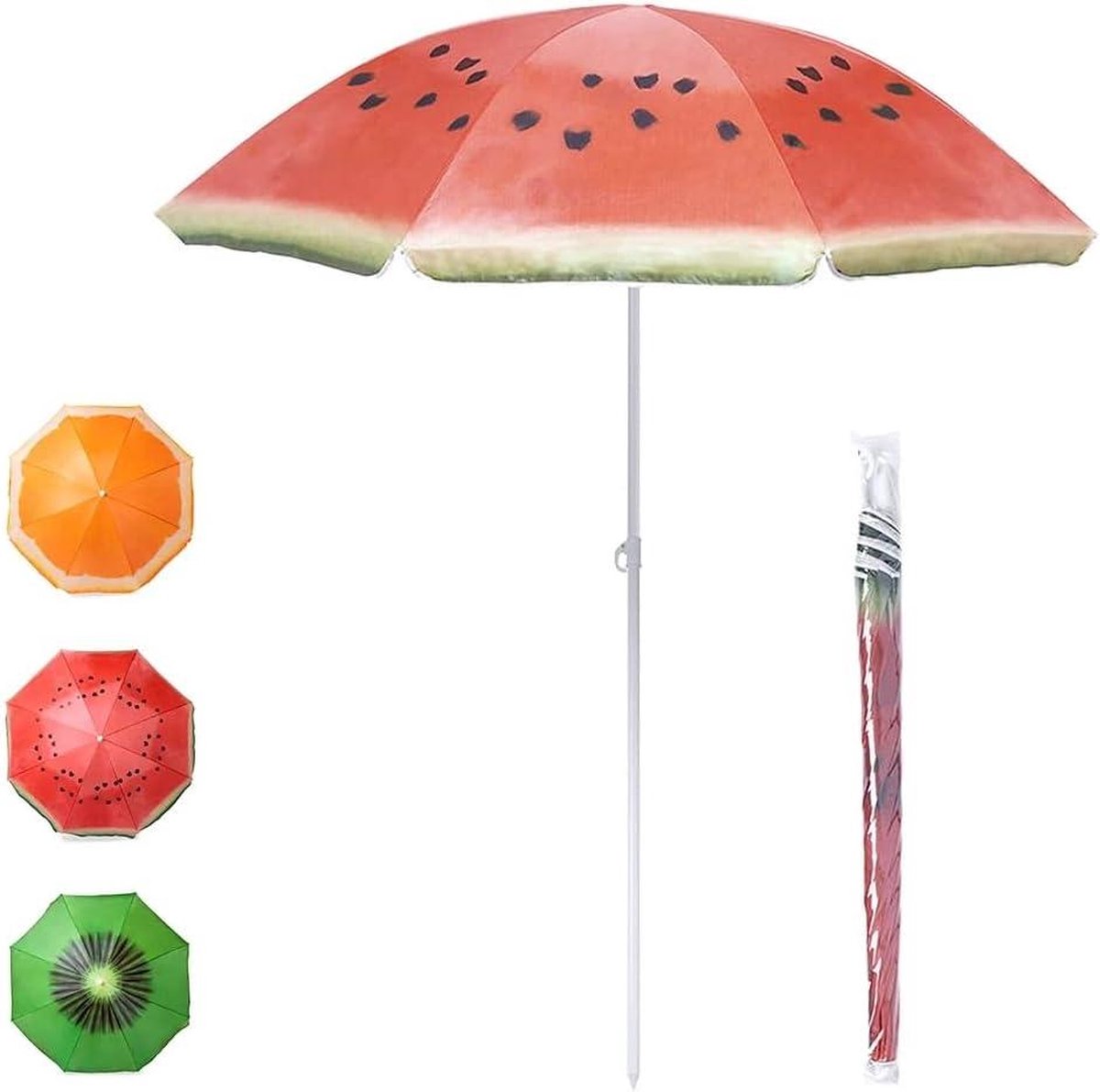 Multicolor fruitmotieven strandparasol van duurzaam nylon voor zomerse hittebescherming op het strand.
